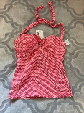 NWT Jessica Simpson Coral Pink Twiggy Stripe Textured Underwire Halter Tankini